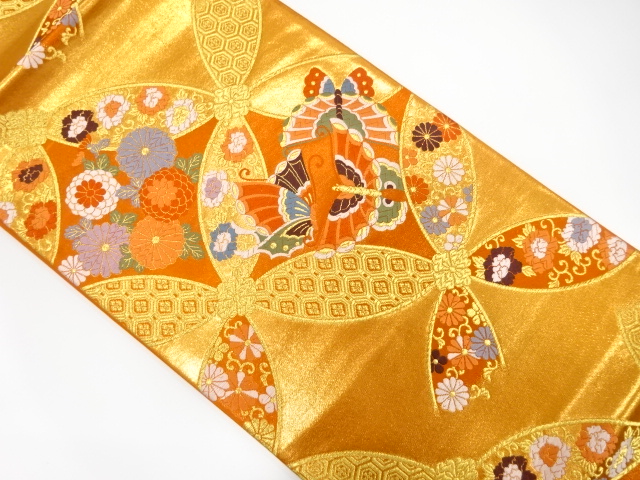 七宝繋ぎに蝶・花模様織出し袋帯